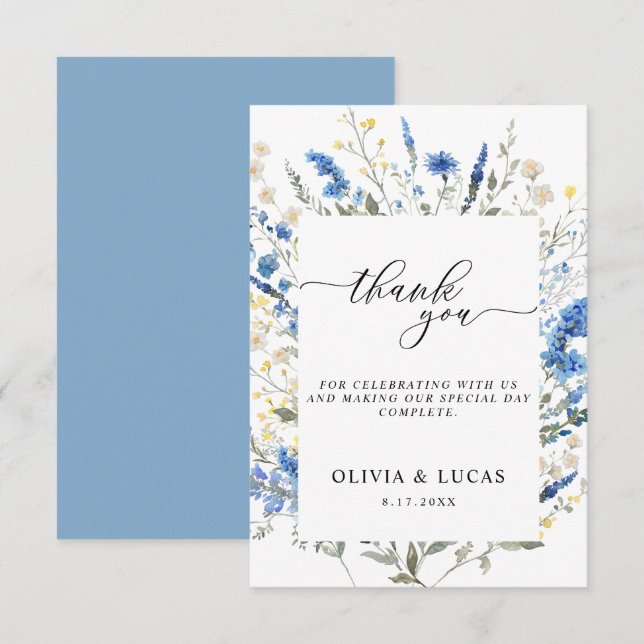 Tarjeta De Agradecimiento Dainty Dusty Blue Wild Floral Navy Rustic Boda (Anverso / Reverso)