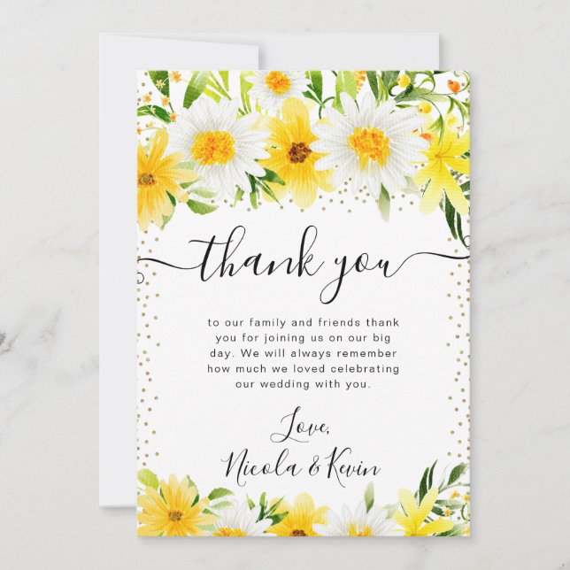 Tarjeta De Agradecimiento Daisies acuarelas y Boda de flores amarillas (Anverso)