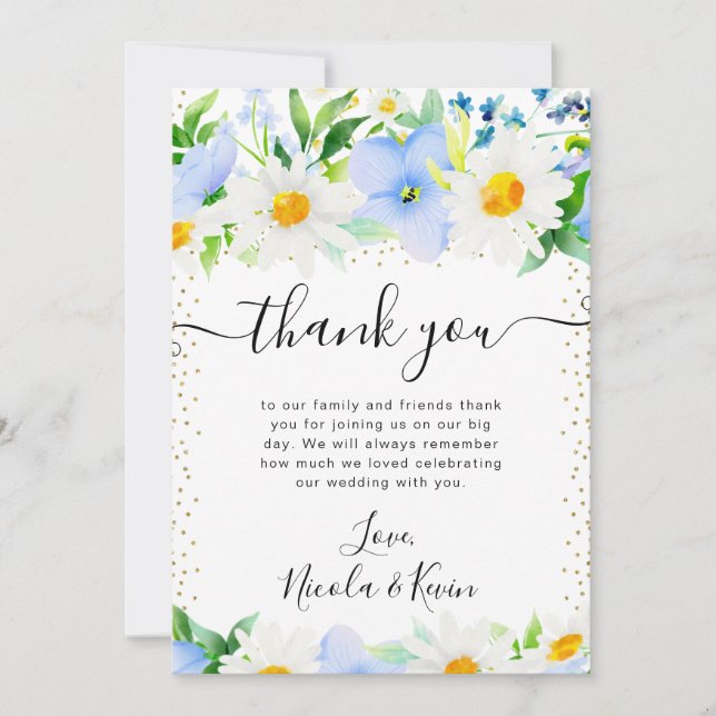 Tarjeta De Agradecimiento Daisies acuarelas y Boda de las flores azules (Anverso)