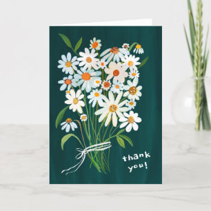Tarjeta De Agradecimiento Daisy Bouquet Gouache pintado a mano Flores verdes