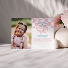 Tarjeta De Agradecimiento Daisy & Retro Van Pink Groovy Un primer cumpleaños
