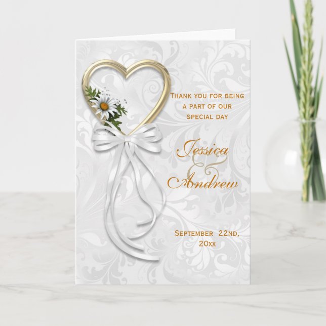 Tarjeta De Agradecimiento Daisy romántico, corazón dorado y cinta blanca (Anverso)