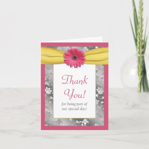 Tarjeta De Agradecimiento Daisy Rosa Gray Yellow Damask Wedding Gracias