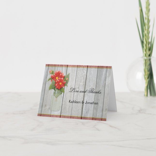 Tarjeta De Agradecimiento Dalias Rojas de Frasco de Mason Madera del Granero (Anverso)