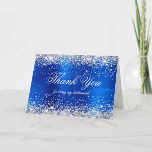 Tarjeta De Agradecimiento Dama de Honor de Azul Real con Brillo Plateado