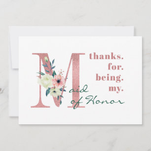 Tarjeta De Agradecimiento Dama de Honor Rosa Floral Carta Boda