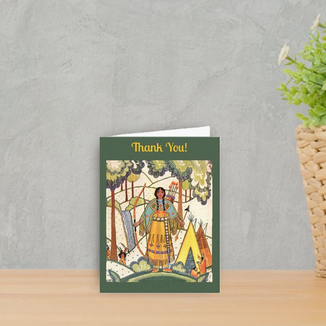 Tarjeta De Agradecimiento Dama india americana en el bosque tepee verde oscu (American Indian village in forest woman tepee embroidered look green Thank You Card.)