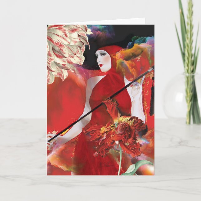 Tarjeta De Agradecimiento Dama Roja con flores (Anverso)