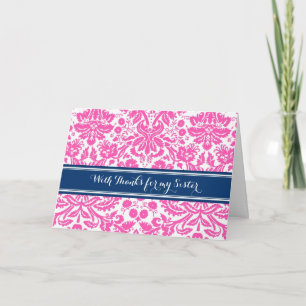 Tarjeta De Agradecimiento Damas de Honor Gracias Hermana Damask Azul Rosa