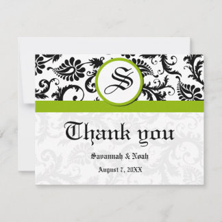 Tarjeta De Agradecimiento Damascado Floral Negro y Blanco con Borde Verde