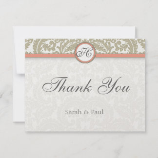 Tarjeta De Agradecimiento Damasco gris con coral y Boda gris gracias