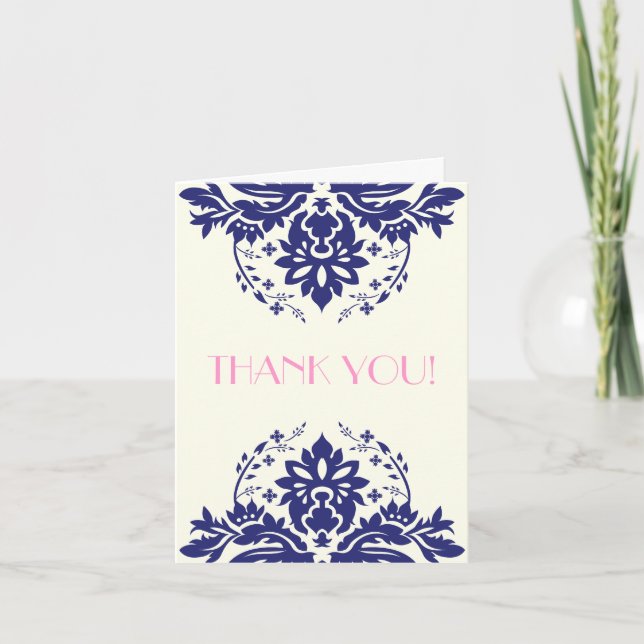 Tarjeta De Agradecimiento Damask azul marino, boda rosa Gracias (Anverso)
