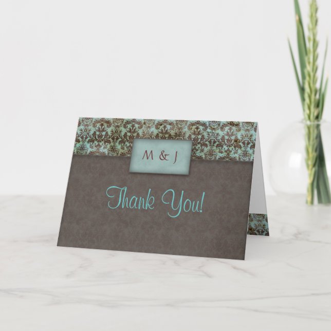 Tarjeta de agradecimiento Damask Azul Marrón (Anverso)