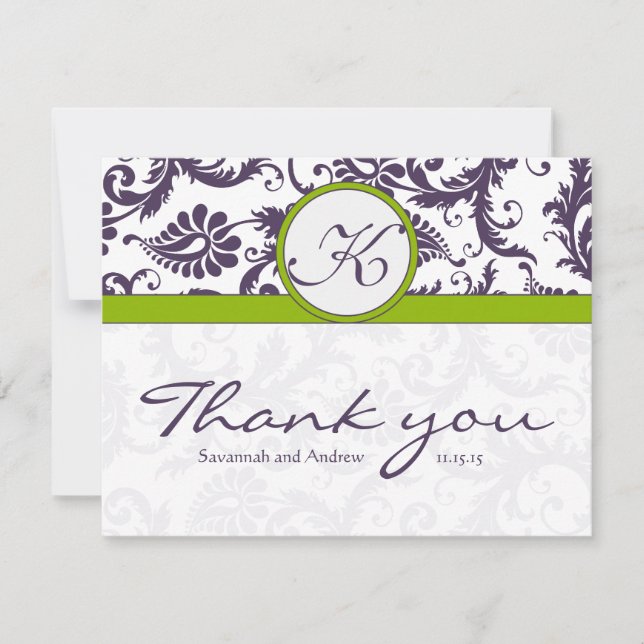 Tarjeta De Agradecimiento Damask Green y Lapis Purple Boda Gracias (Anverso)