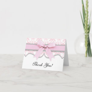 Tarjeta De Agradecimiento Damask Heart Pink Ribbon Baby Shower Gracias