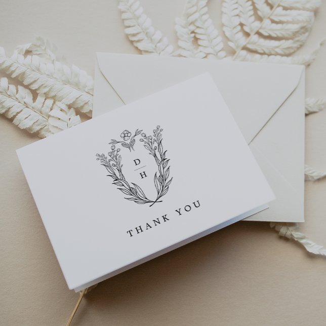 Tarjeta De Agradecimiento DAPHNE Boda Floral Blanco Blanco Clásico Doblado (DAPHNE Folded Classic Black White Floral Wedding Thank You Card)