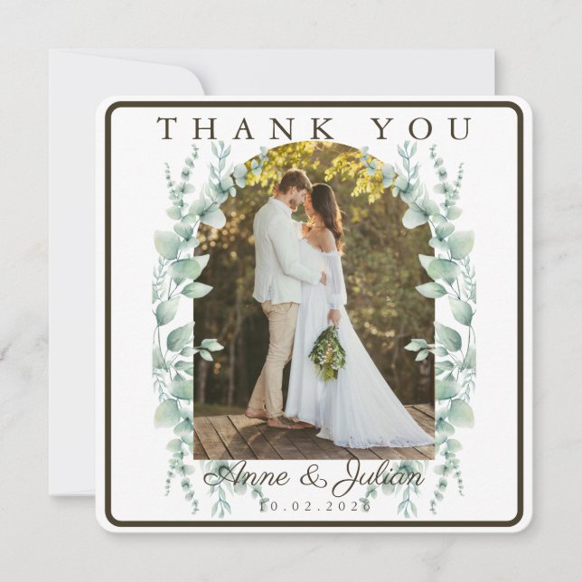 Tarjeta De Agradecimiento Dark Brown Eucalypthus leaves Wedding W/ 2 photos (Anverso)