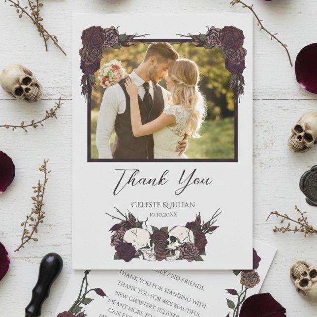 Tarjeta De Agradecimiento Dark Floral Skull Photo Wedding Thank You Card (Elegant Burgundy Dark Floral Skull and Rose Wedding Thank You Cards, Hand Drawn in Black Ink)