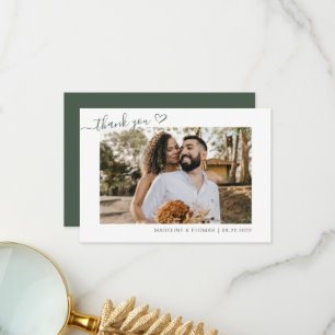 Tarjeta De Agradecimiento Dark Green Boho Simple Photo Heart Script Boda
