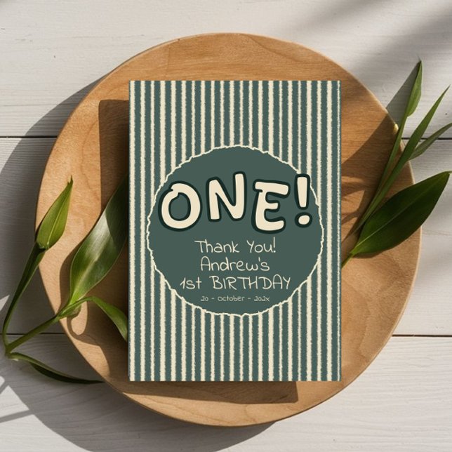 Tarjeta De Agradecimiento Dark Green Stripes 1st Birthday (Subido por el creador)