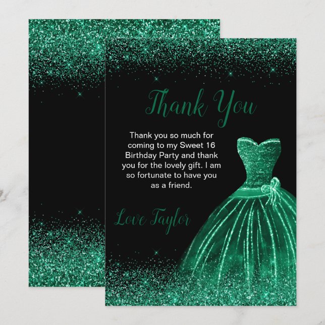 Tarjeta De Agradecimiento Dark Green Vress Faux Purpurina Sweet 16 Cumpleaño (Anverso / Reverso)