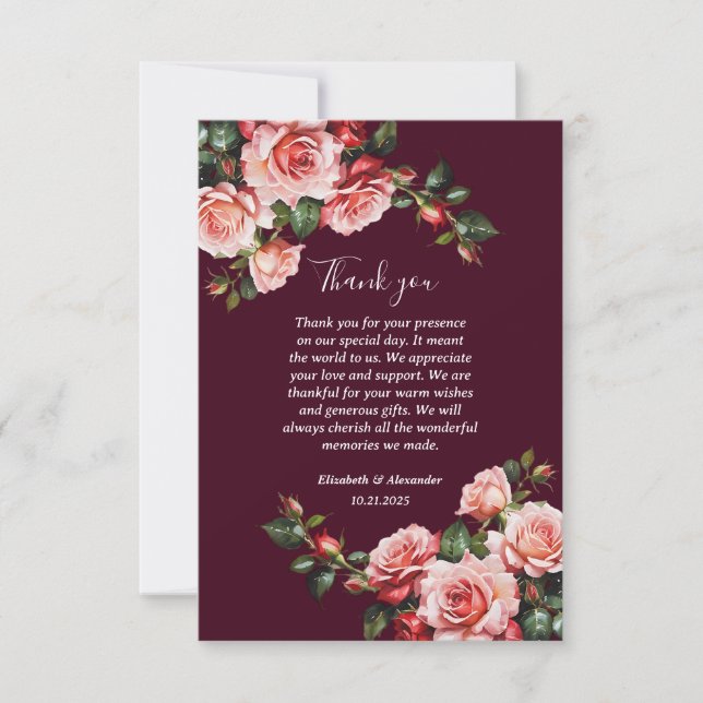 Tarjeta De Agradecimiento Dark moody pink and red roses burgundy wedding (Anverso)