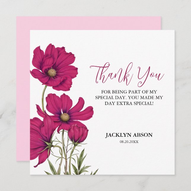 Tarjeta De Agradecimiento Dark Pink Cosmos Floral Gracias (Anverso / Reverso)