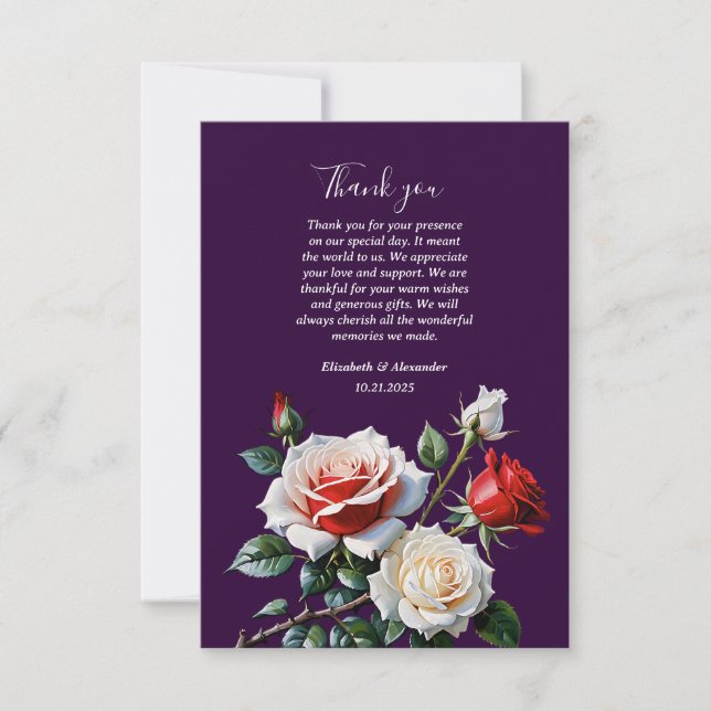 Tarjeta De Agradecimiento Dark Pretty pink white red roses floral wedding  (Anverso)