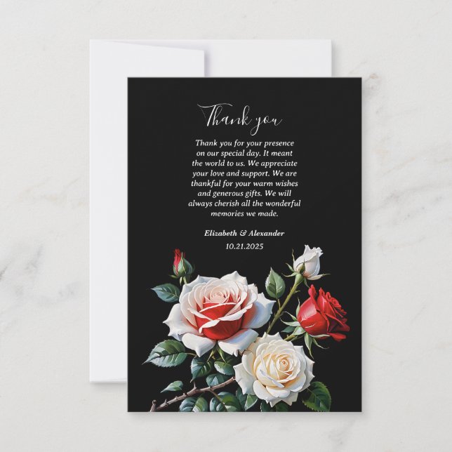 Tarjeta De Agradecimiento Dark Pretty pink white red roses floral wedding  (Anverso)