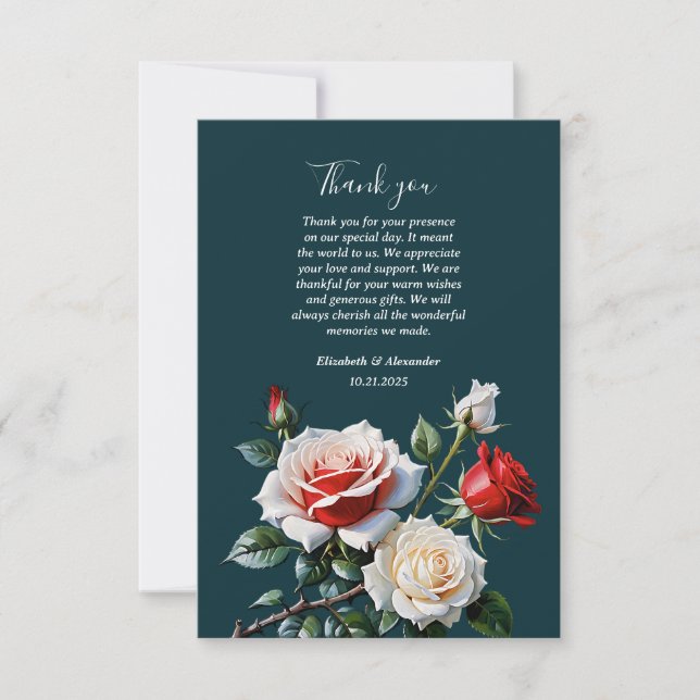 Tarjeta De Agradecimiento Dark Pretty pink white red roses floral wedding  (Anverso)