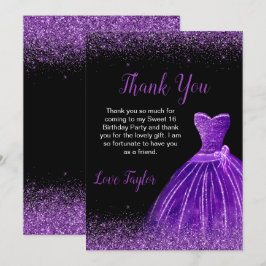 Tarjeta De Agradecimiento Dark Purple Vestido Faux Purpurina Dulce 16 Cumple
