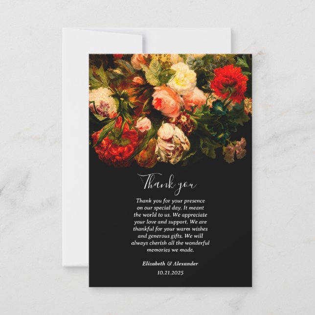 Tarjeta De Agradecimiento Dark romantic moody elegant floral wedding (Anverso)