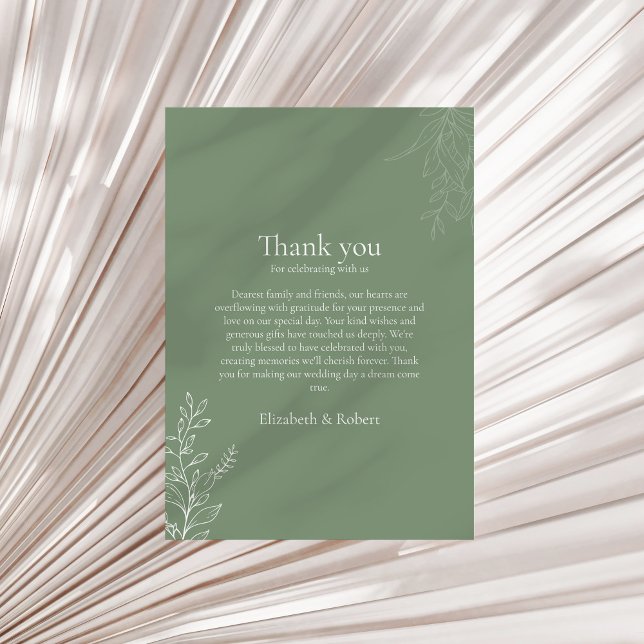 Tarjeta De Agradecimiento Dark Sage Green Botanical Thank You Card (Dark Sage Green Botanical Thank You Card on a neutral dry palm leaf.)