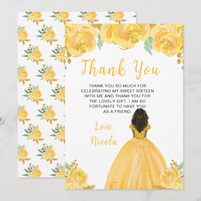 Tarjeta De Agradecimiento Dark Skin Princess Gold Floral Sweet Sixteen (Anverso / Reverso)