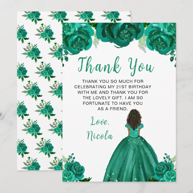 Tarjeta De Agradecimiento Dark Skin Princess Green Floral Birthday Party (Anverso / Reverso)