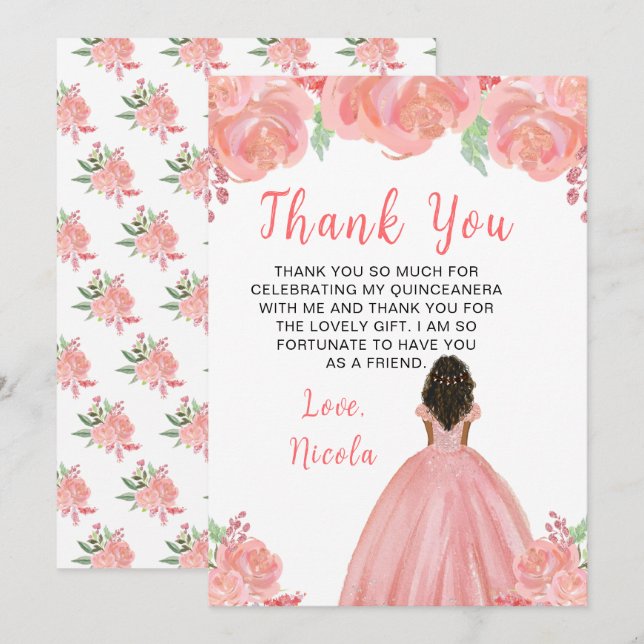 Tarjeta De Agradecimiento Dark Skin Princess Pink Floral Quinceanera (Anverso / Reverso)