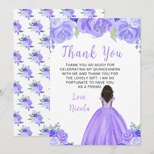 Tarjeta De Agradecimiento Dark Skin Princess Purple Floral Quinceanera (Anverso / Reverso)