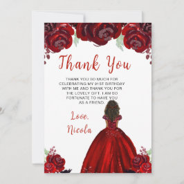 Tarjeta De Agradecimiento Dark Skin Princess Red Floral Birthday