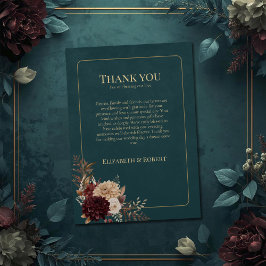 Tarjeta De Agradecimiento Dark Teal Floral Gothic Wedding Thank You Card