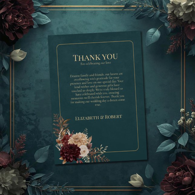 Tarjeta De Agradecimiento Dark Teal Floral Gothic Wedding Thank You Card (Dark Teal Floral Gothic Wedding Thank You Card on a teal wedding table with vintage flowers.)