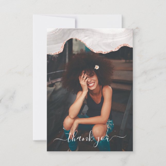 TARJETA DE AGRADECIMIENTO DC BLANCO Y ORO ROSA NIEBLA NEGRA AGATA MONOGRAMA (Anverso)