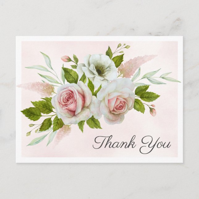 Tarjeta de agradecimiento de acuarela de rosas ros (Anverso)