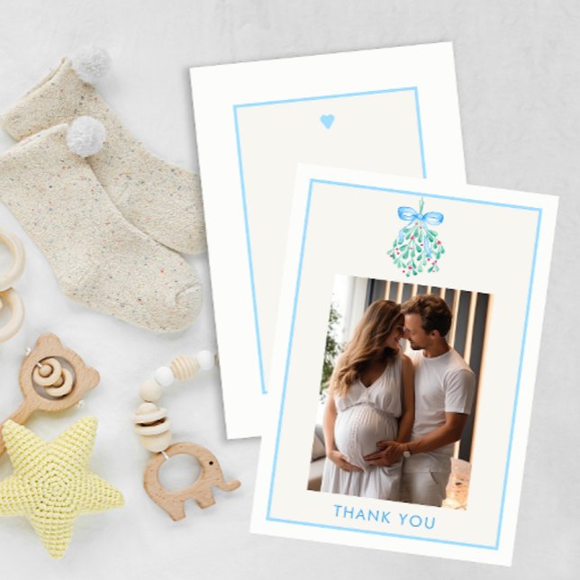 Tarjeta de agradecimiento de Baby Shower Blue Mist (Baby Boy Under The Mistletoe Baby Shower Thank you Card)