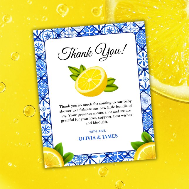 Tarjeta de agradecimiento de Baby Shower Blue Tile (Budget Italian Blue Tile Lemon Baby Shower Thank You Card )