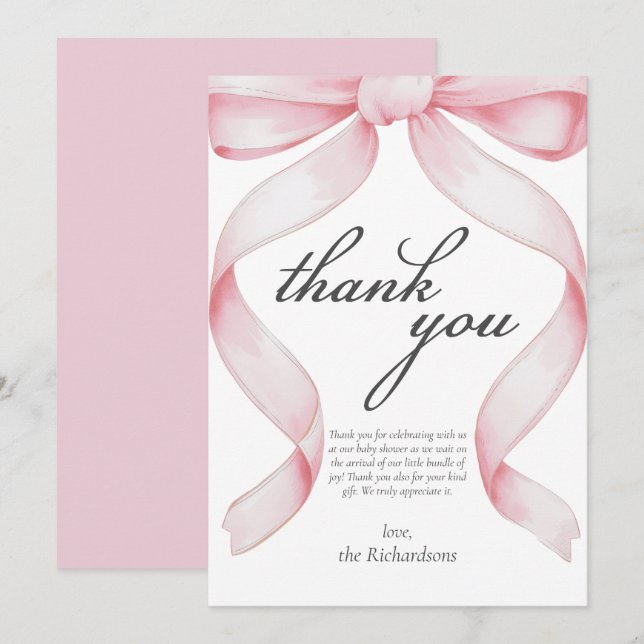 Tarjeta de agradecimiento de Baby Shower Bow rosa (Anverso / Reverso)