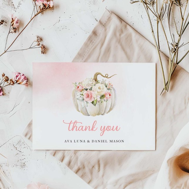Tarjeta de agradecimiento de Baby Shower Chica de  (Elegant Fall Pumpkin Pink Flower Thank you card)