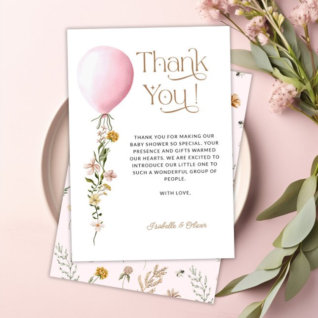 Tarjeta de agradecimiento de Baby Shower con globo (Pink Balloon Floral Baby Shower Thank You Card)