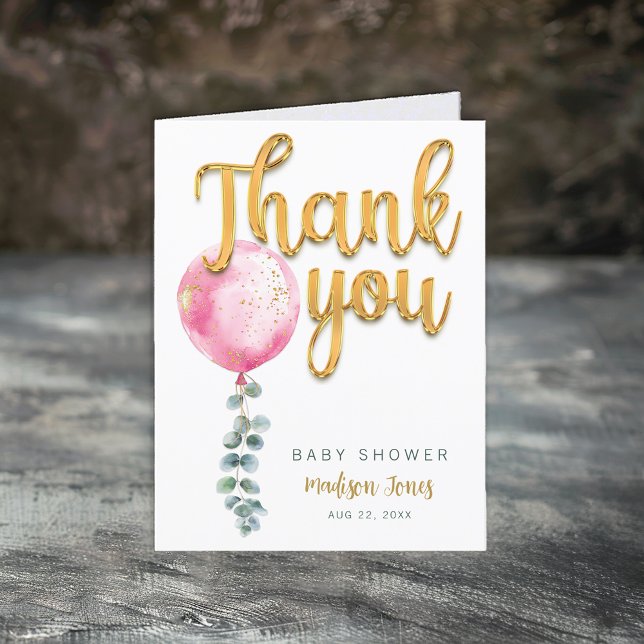 Tarjeta de agradecimiento de Baby Shower con globo (Pink Thank You Card)