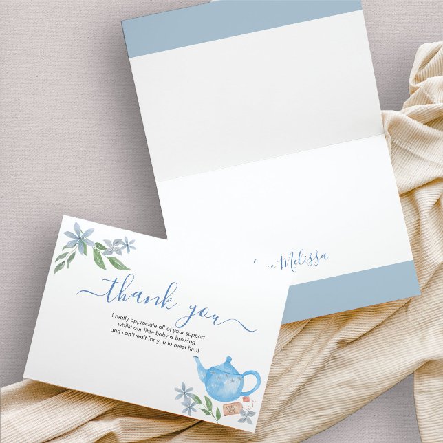 Tarjeta de agradecimiento de Baby Shower Cute Blue (Blue teapot thank you card)