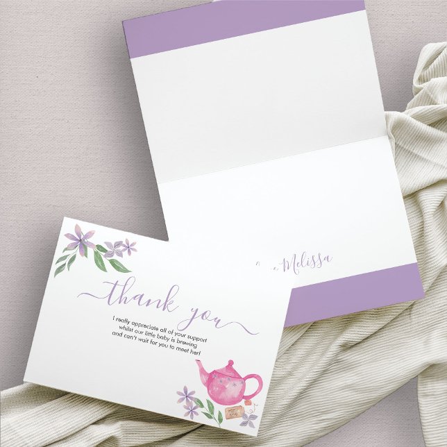 Tarjeta de agradecimiento de Baby Shower Cute Pink (Cute teapot thank you card in Lavender and Pink )